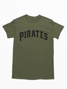 NEW Pittsburgh Pirates Home Wordmark Logo T-Shirt MILITARY ARMY GREEN
